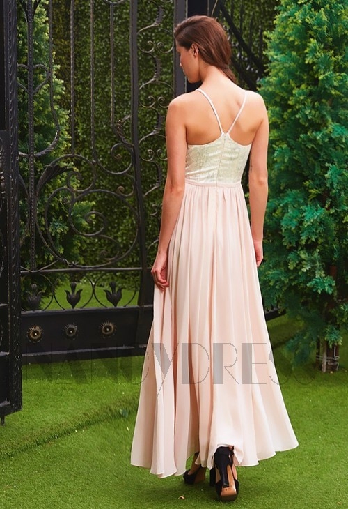 robe de cocktail long rose pour mariage en mousseline H125